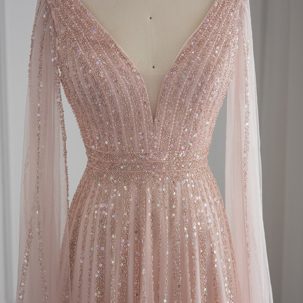 Luxury Nude Dubai Evening Dress with Cape Sleeves SS322