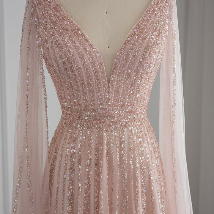 Luxury Nude Dubai Evening Dress with Cape Sleeves SS322