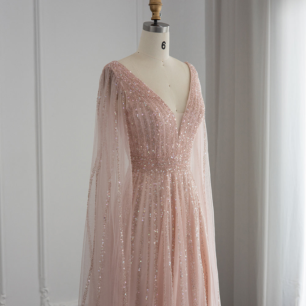 Luxury Nude Dubai Evening Dress with Cape Sleeves SS322