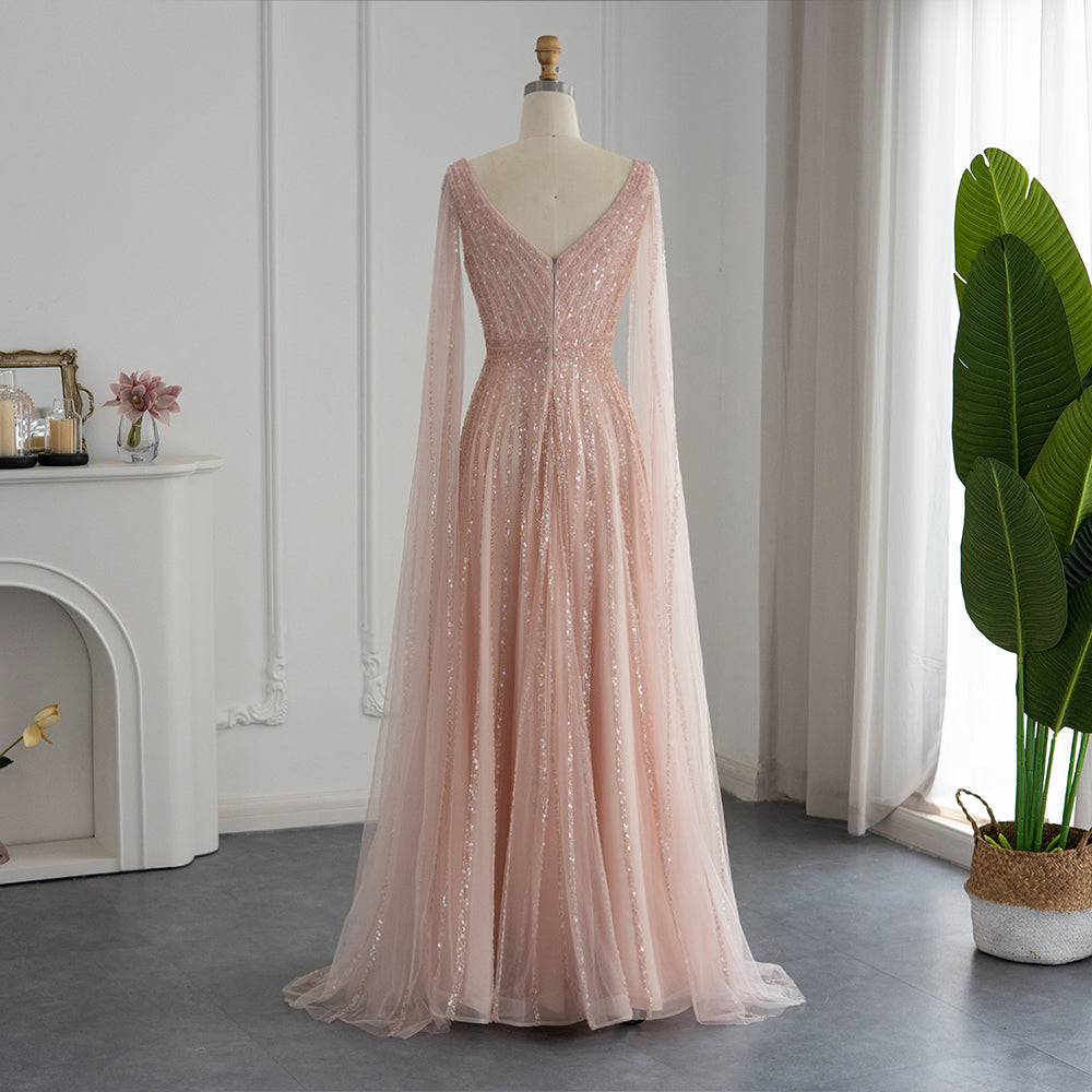 Luxury Nude Dubai Evening Dress with Cape Sleeves SS322