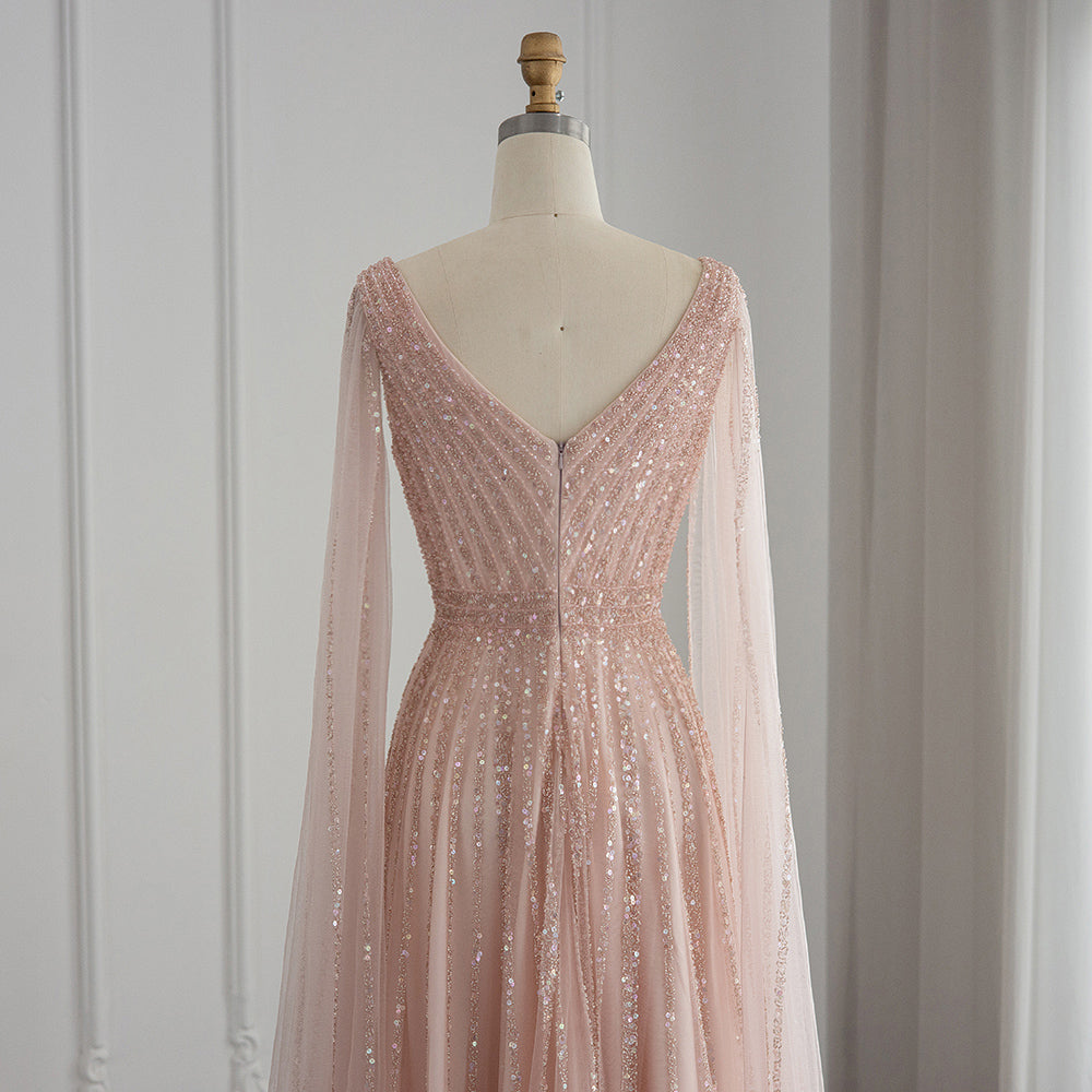 Luxury Nude Dubai Evening Dress with Cape Sleeves SS322