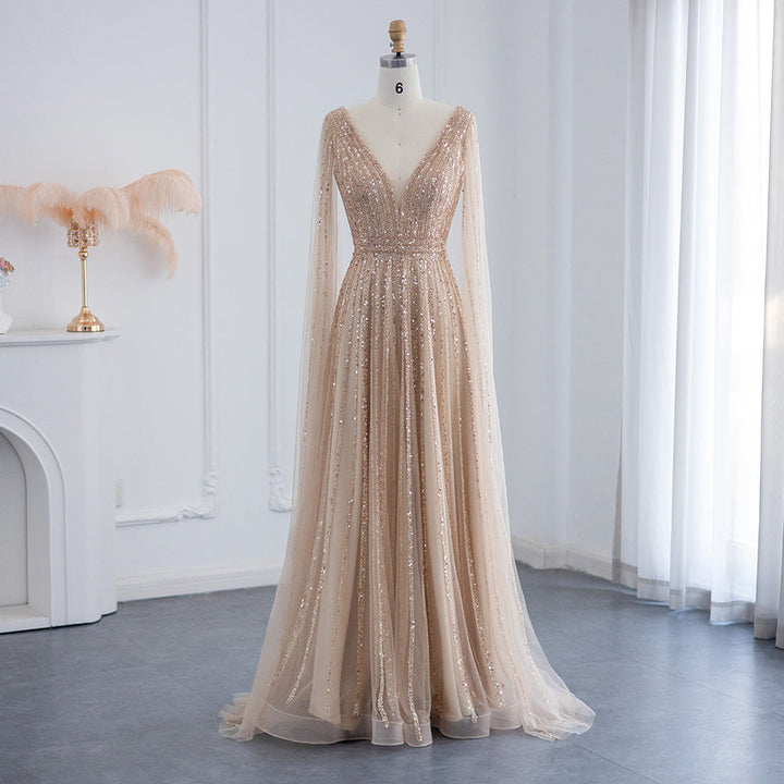 Luxury Nude Dubai Evening Dress with Cape Sleeves SS322