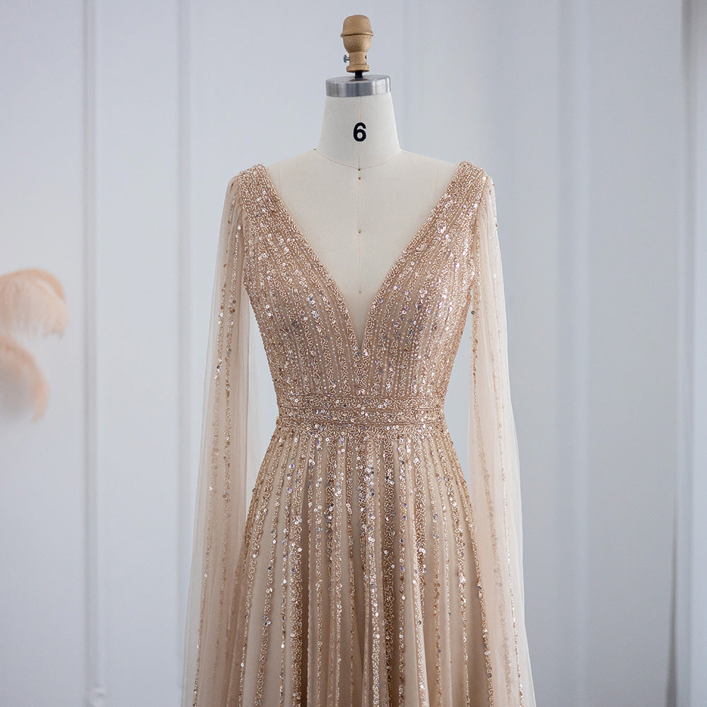 Luxury Nude Dubai Evening Dress with Cape Sleeves SS322