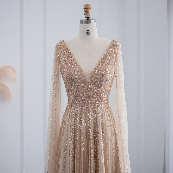 Luxury Nude Dubai Evening Dress with Cape Sleeves SS322