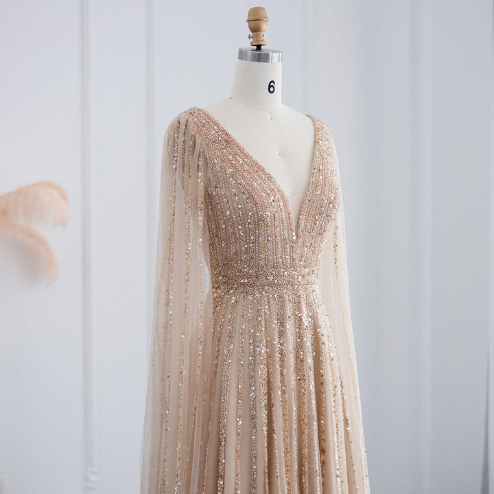 Luxury Nude Dubai Evening Dress with Cape Sleeves SS322