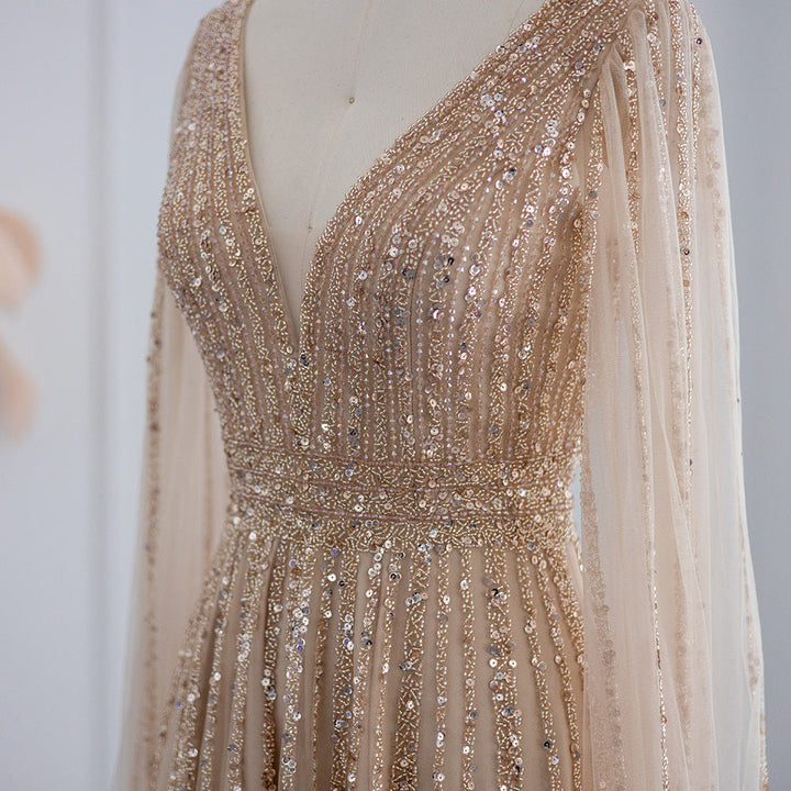 Luxury Nude Dubai Evening Dress with Cape Sleeves SS322