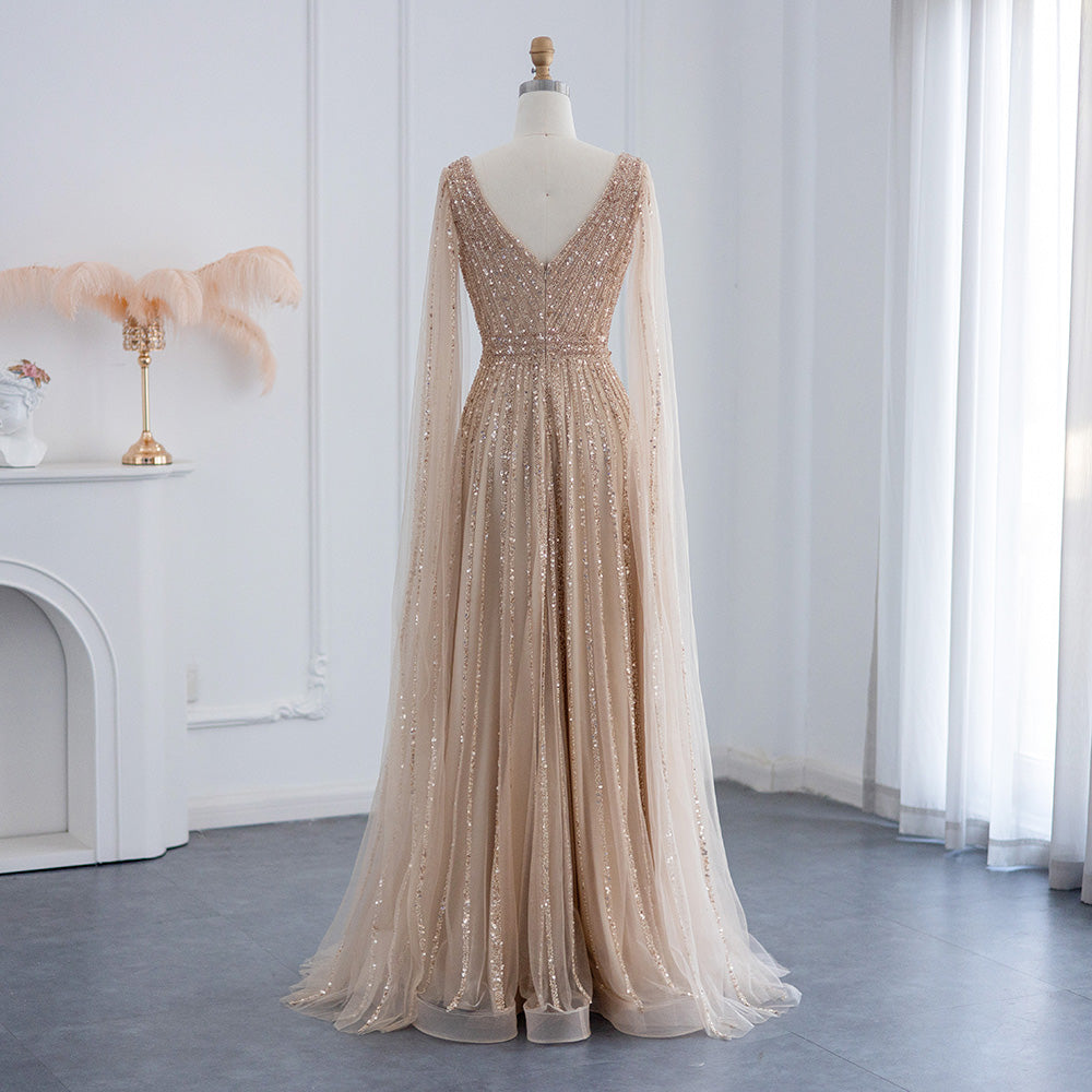 Luxury Nude Dubai Evening Dress with Cape Sleeves SS322