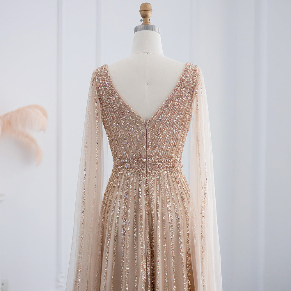 Luxury Nude Dubai Evening Dress with Cape Sleeves SS322