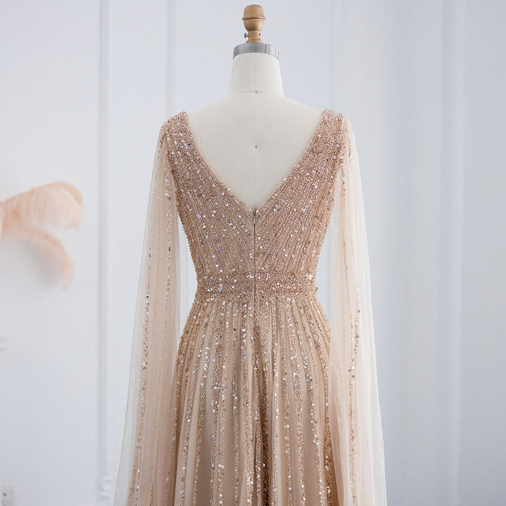 Luxury Nude Dubai Evening Dress with Cape Sleeves SS322