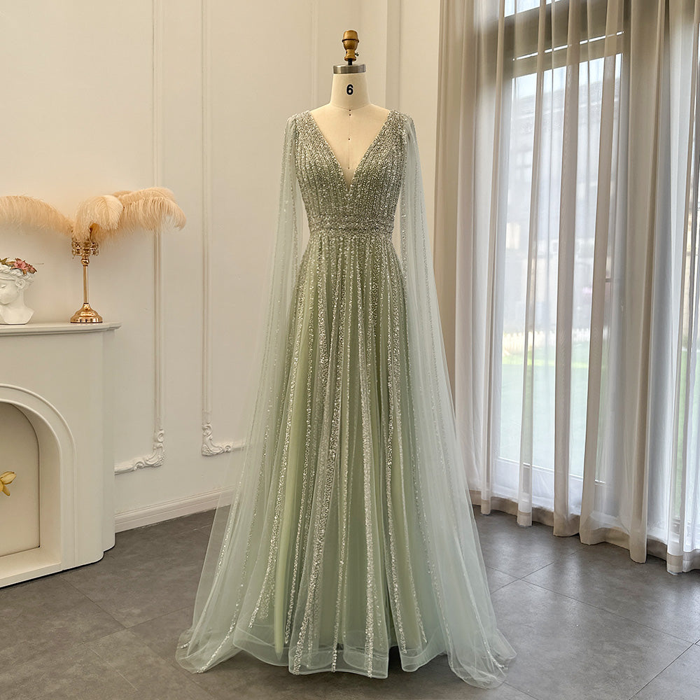 Luxury Nude Dubai Evening Dress with Cape Sleeves SS322