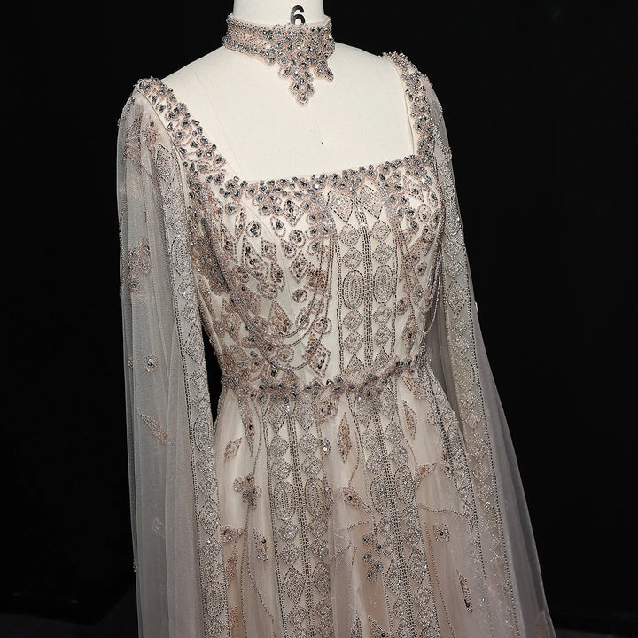 Luxury Nude Evening Dress with Cape Sleeves Chocker SS543