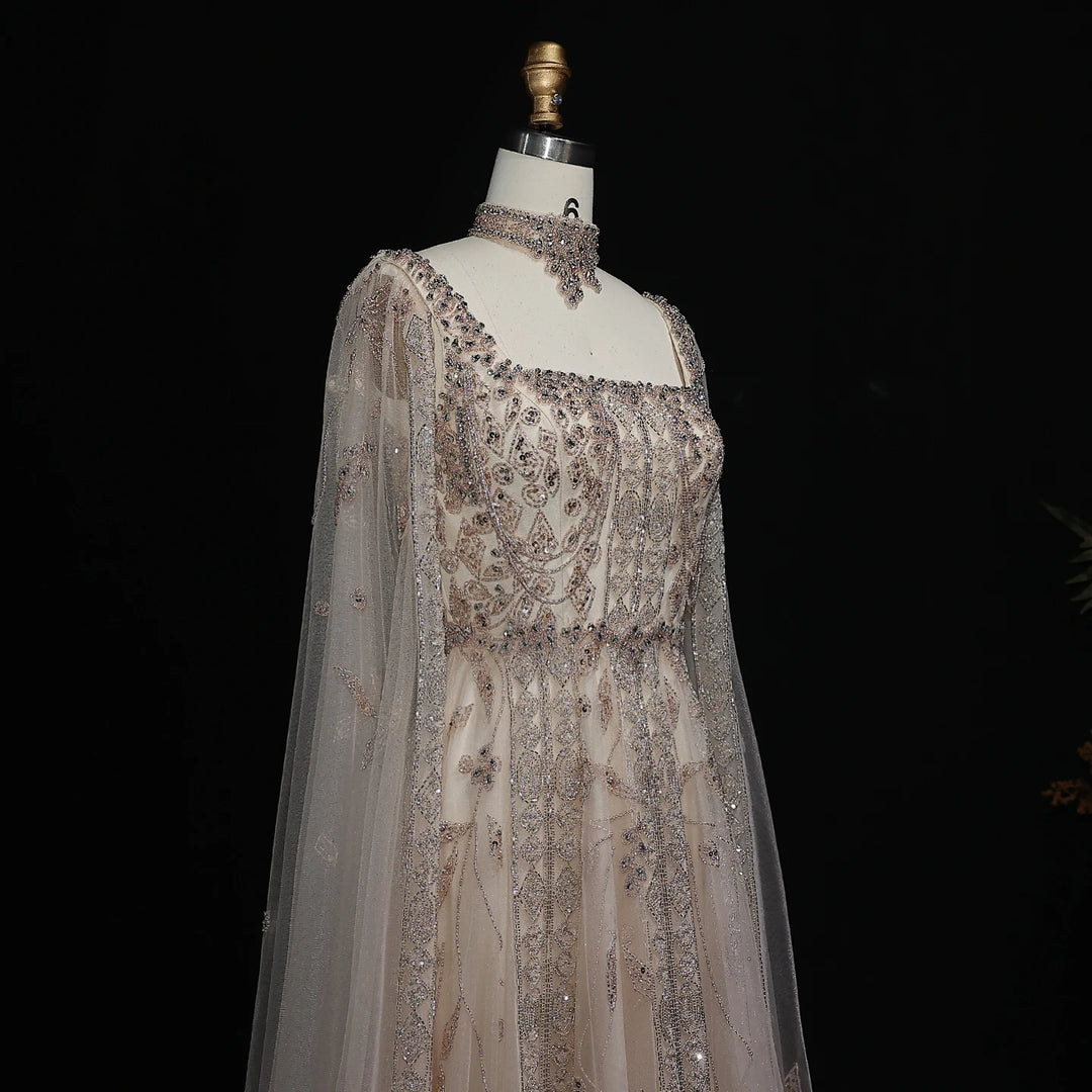Luxury Nude Evening Dress with Cape Sleeves Chocker SS543