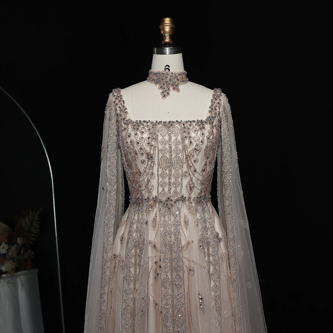 Luxury Nude Evening Dress with Cape Sleeves Chocker SS543