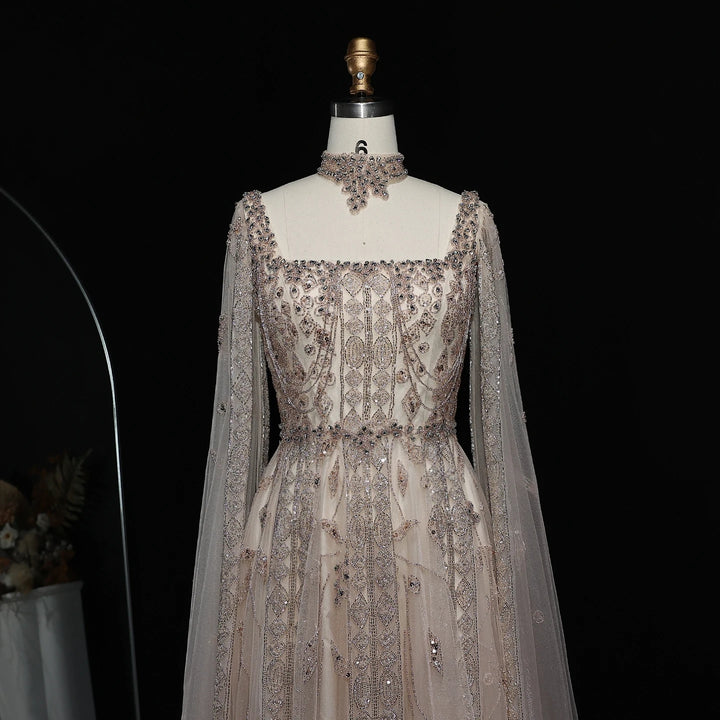 Luxury Nude Evening Dress with Cape Sleeves Chocker SS543