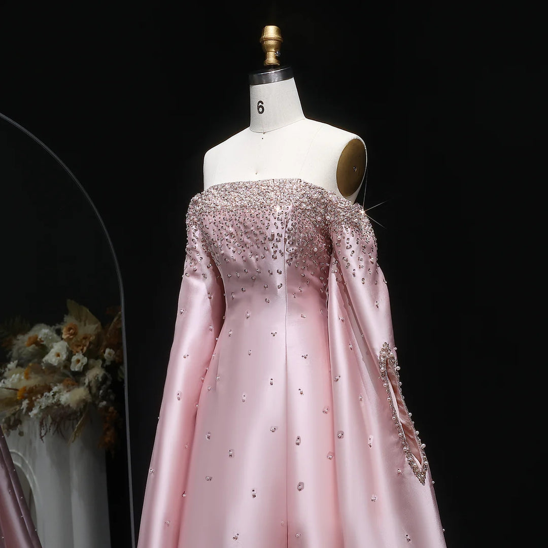 Luxury Off Shoulder Gray Arabic Evening Dress with Cape Sleeve SS575
