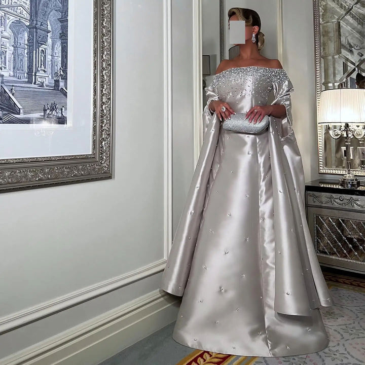 Luxury Off Shoulder Gray Arabic Evening Dress with Cape Sleeve SS575