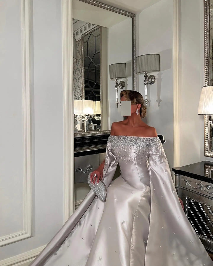 Luxury Off Shoulder Gray Arabic Evening Dress with Cape Sleeve SS575