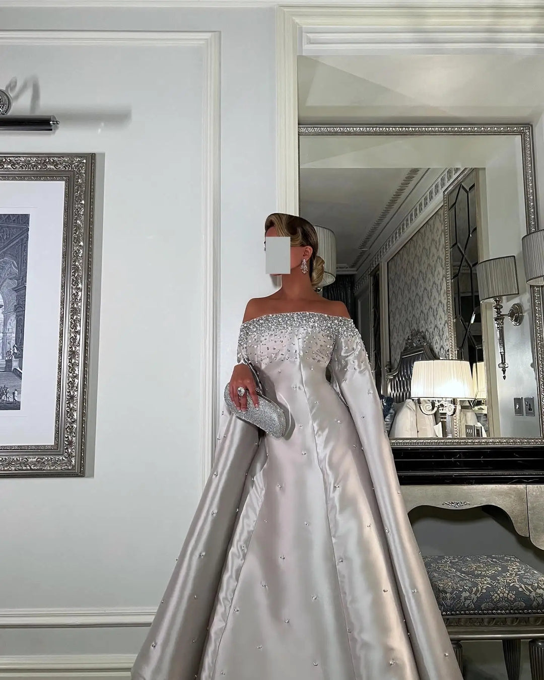 Luxury Off Shoulder Gray Arabic Evening Dress with Cape Sleeve SS575
