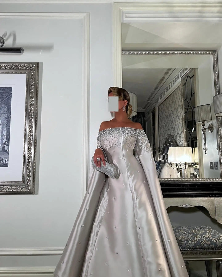 Luxury Off Shoulder Gray Arabic Evening Dress with Cape Sleeve SS575