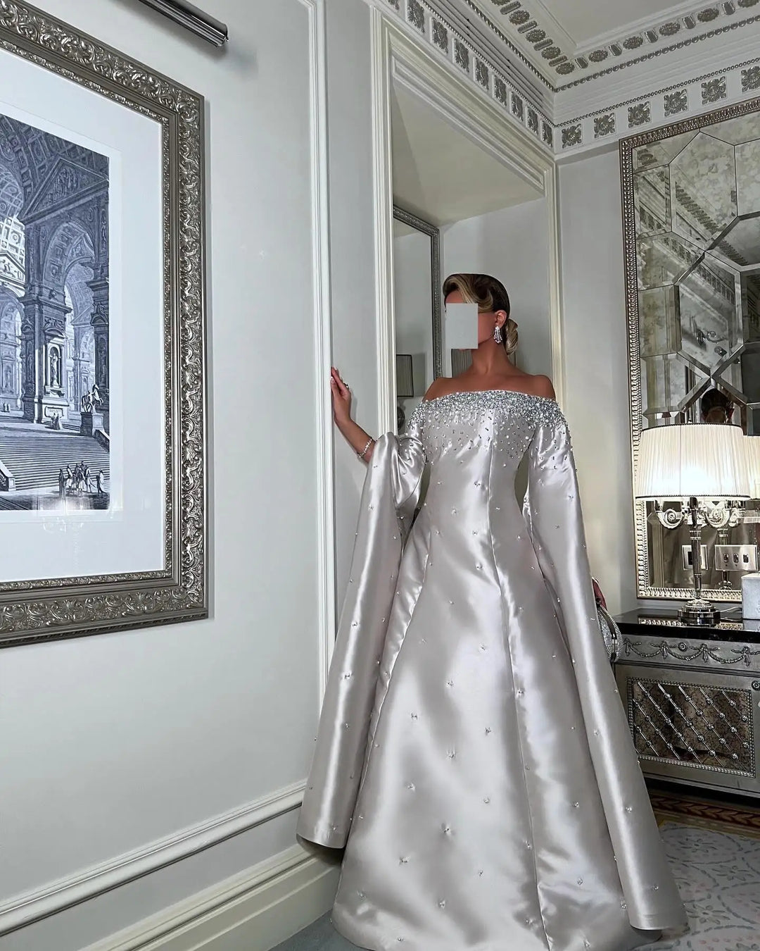 Luxury Off Shoulder Gray Arabic Evening Dress with Cape Sleeve SS575