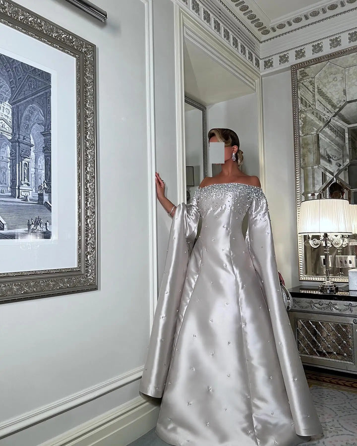 Luxury Off Shoulder Gray Arabic Evening Dress with Cape Sleeve SS575