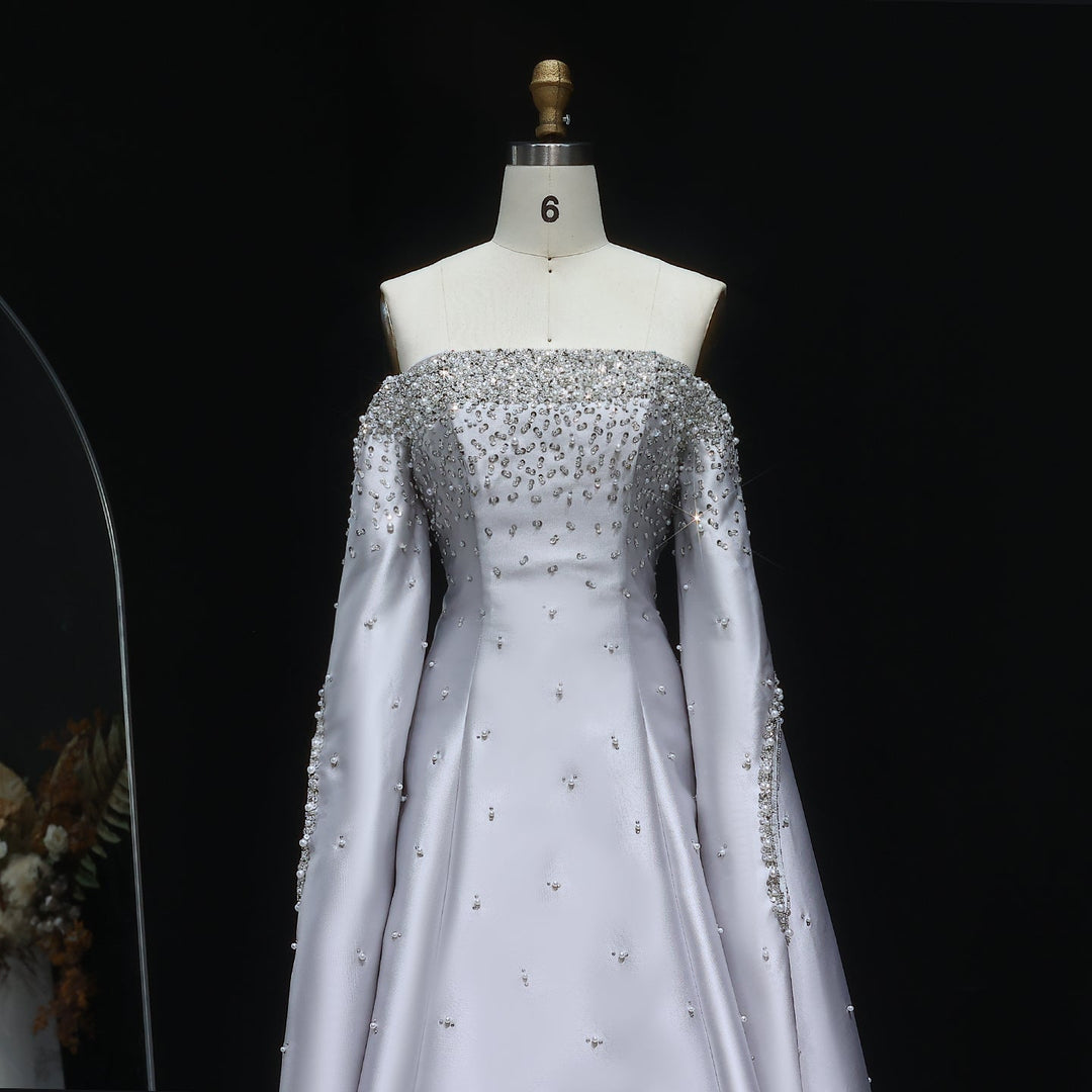 Luxury Off Shoulder Gray Arabic Evening Dress with Cape Sleeve SS575