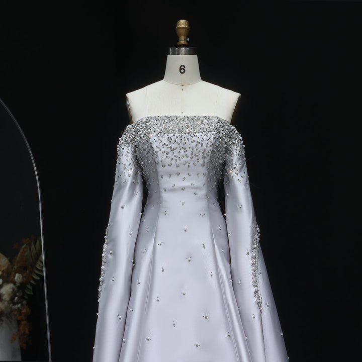 Luxury Off Shoulder Gray Arabic Evening Dress with Cape Sleeve SS575
