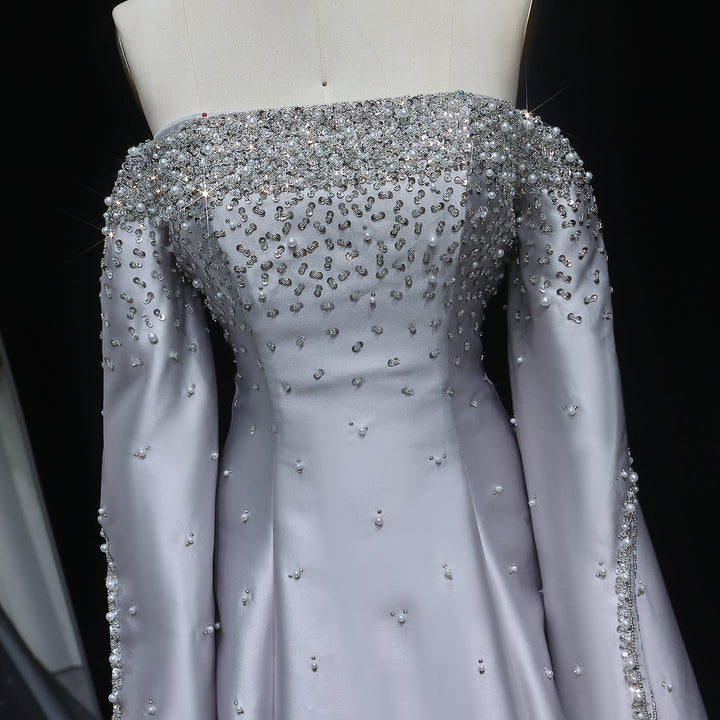 Luxury Off Shoulder Gray Arabic Evening Dress with Cape Sleeve SS575