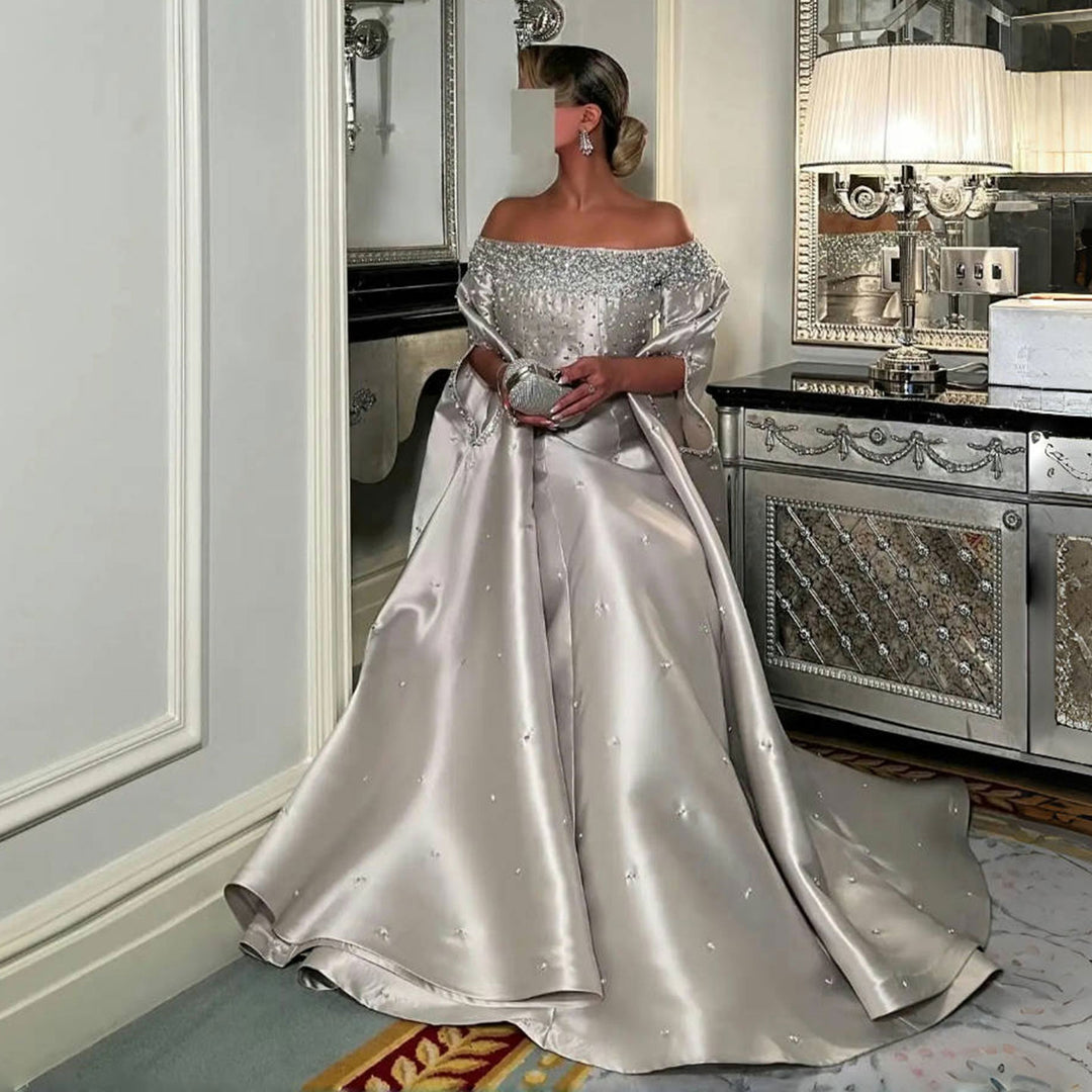 off shoulder cape sleeve dress Luxury Off Shoulder Cape Sleeve Evening Dress with Scarf SS639