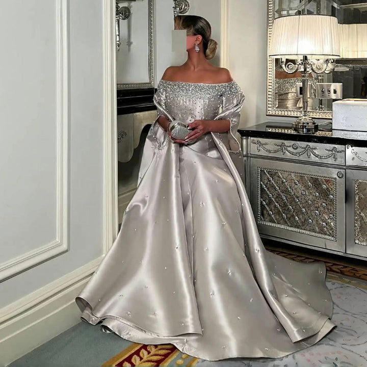 Luxury Off Shoulder Gray Arabic Evening Dress with Cape Sleeve SS575