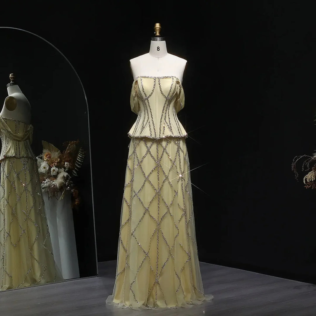 Luxury Off-Shoulder Yellow Beaded Evening Dress SS516-DreamyVow