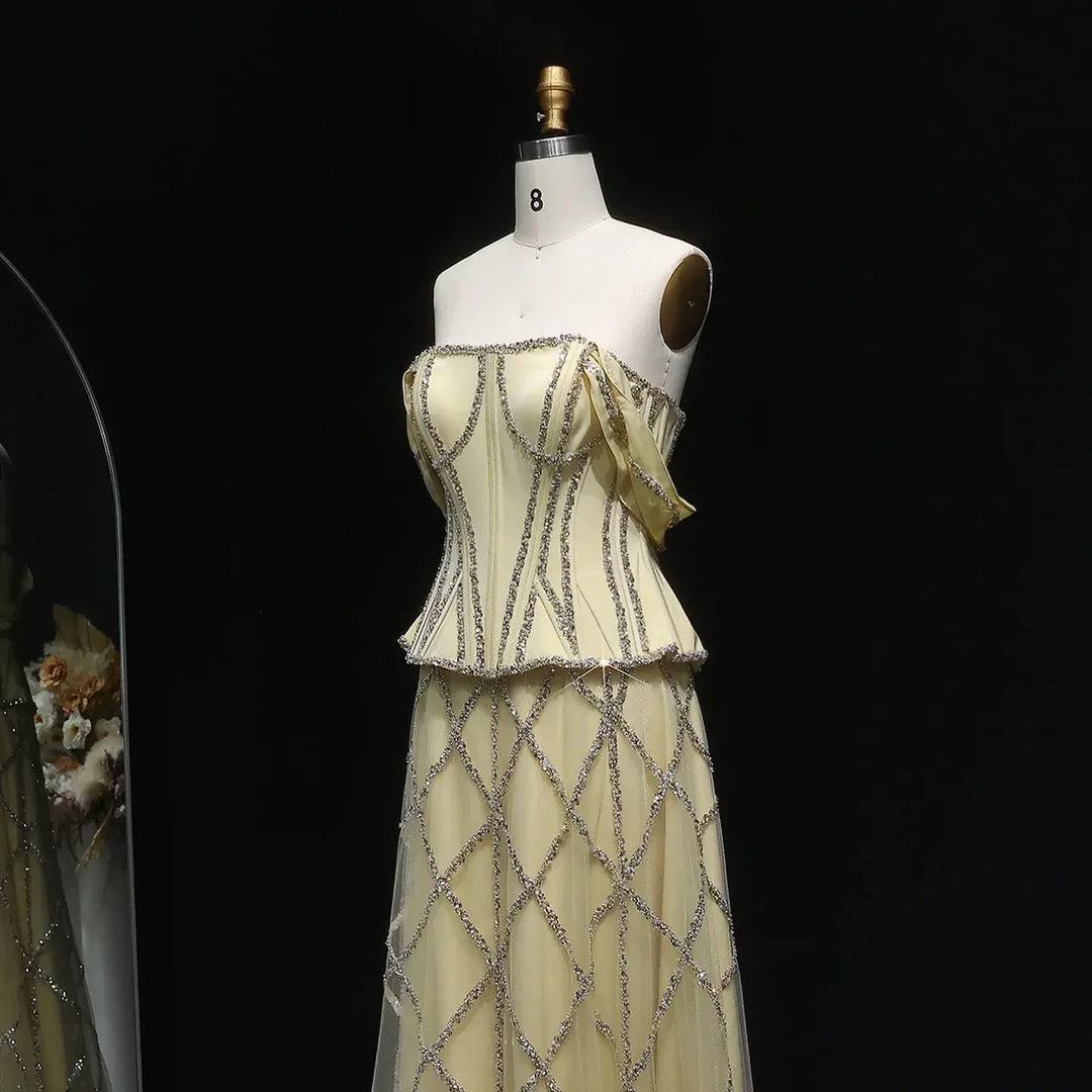 Luxury Off-Shoulder Yellow Beaded Evening Dress SS516-DreamyVow