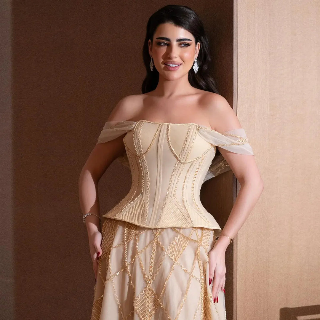 Luxury Off-Shoulder Yellow Beaded Evening Dress SS516-DreamyVow