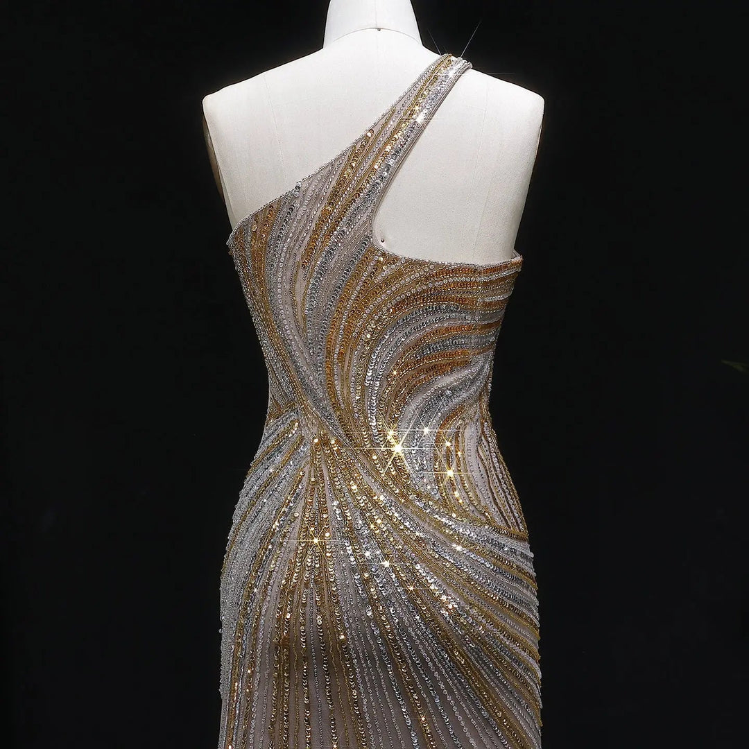 Luxury One Shoulder Beaded Evening Dress with High Slit SS153-DreamyVow