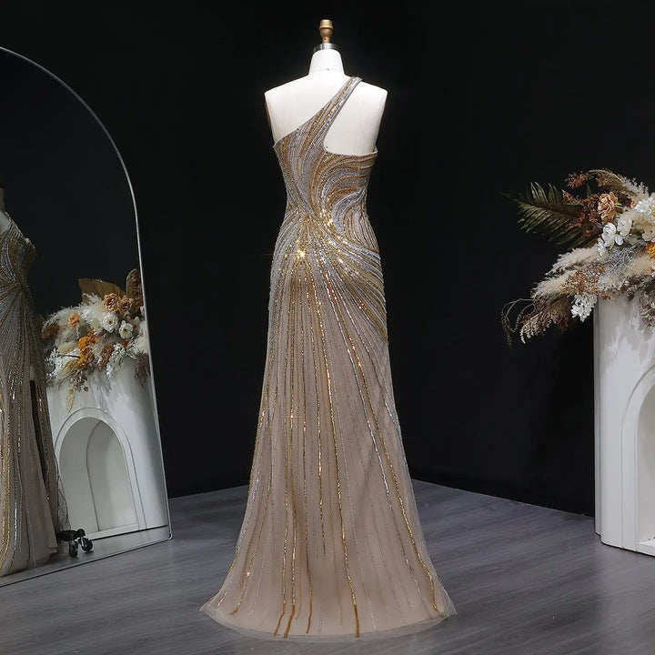 Luxury One Shoulder Beaded Evening Dress with High Slit SS153-DreamyVow