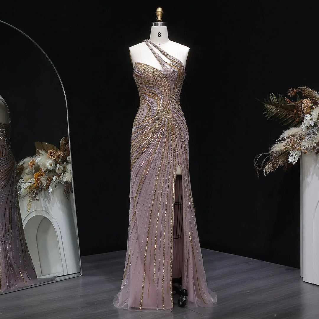 Luxury One Shoulder Beaded Evening Dress with High Slit SS153-DreamyVow