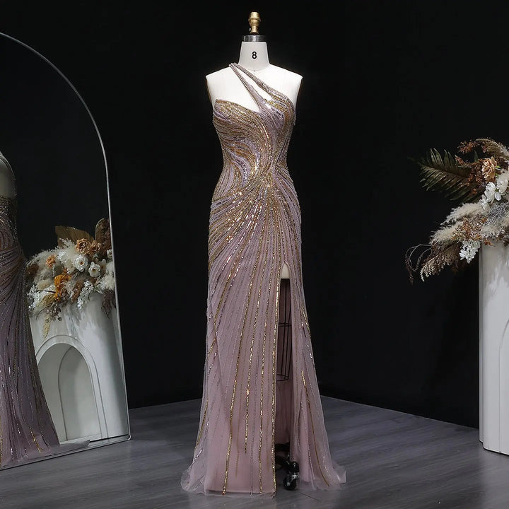 Luxury One Shoulder Beaded Evening Dress with High Slit SS153-DreamyVow