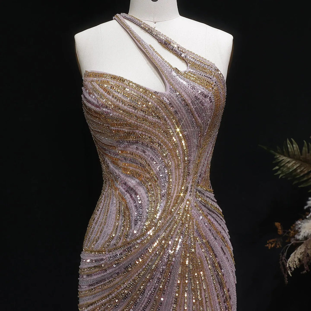 Luxury One Shoulder Beaded Evening Dress with High Slit SS153-DreamyVow