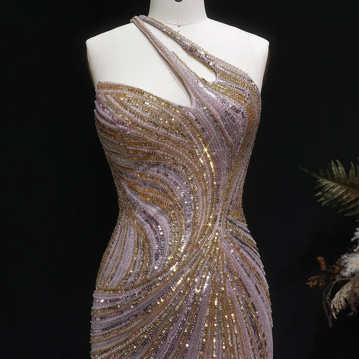 Luxury One Shoulder Beaded Evening Dress with High Slit SS153-DreamyVow
