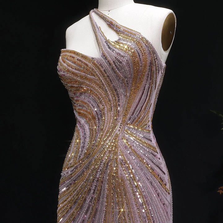 Luxury One Shoulder Beaded Evening Dress with High Slit SS153-DreamyVow