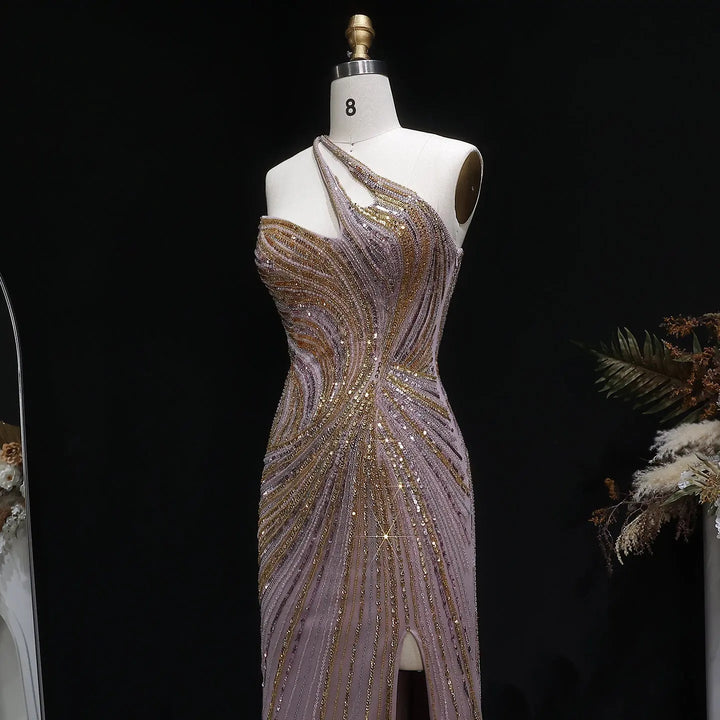 Luxury One Shoulder Beaded Evening Dress with High Slit SS153-DreamyVow
