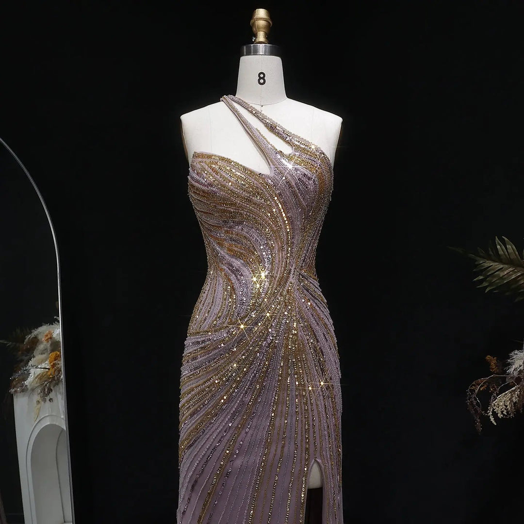 Luxury One Shoulder Beaded Evening Dress with High Slit SS153-DreamyVow