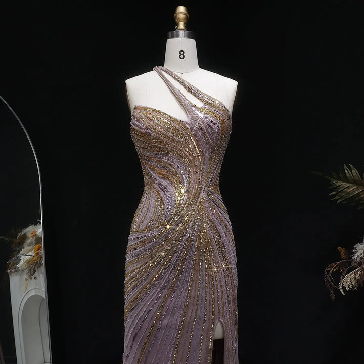 Luxury One Shoulder Beaded Evening Dress with High Slit SS153-DreamyVow