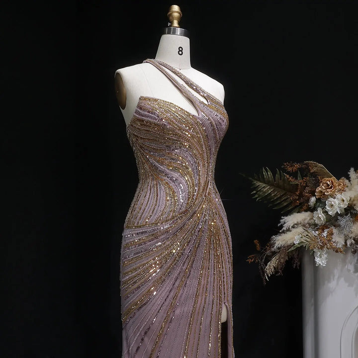 Luxury One Shoulder Beaded Evening Dress with High Slit SS153-DreamyVow