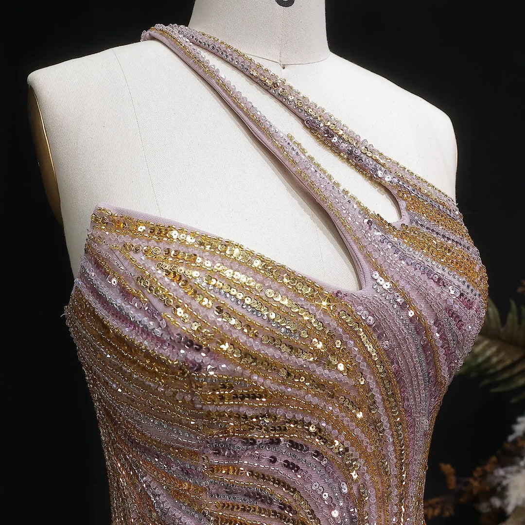 Luxury One Shoulder Beaded Evening Dress with High Slit SS153-DreamyVow