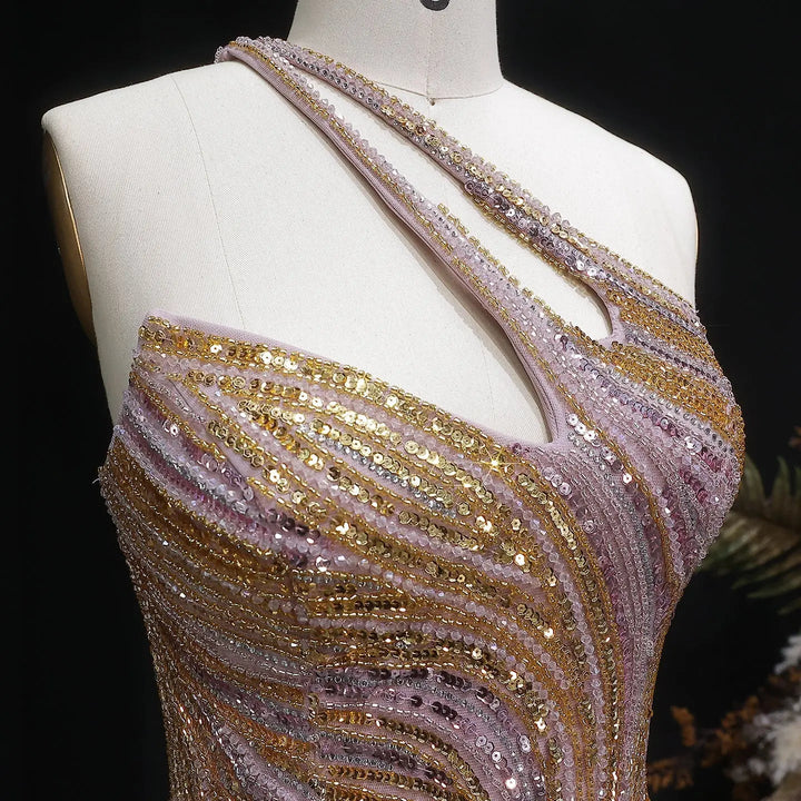 Luxury One Shoulder Beaded Evening Dress with High Slit SS153-DreamyVow