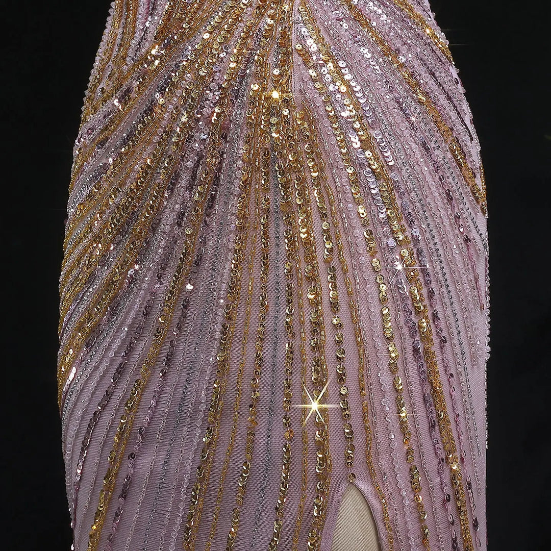Luxury One Shoulder Beaded Evening Dress with High Slit SS153-DreamyVow