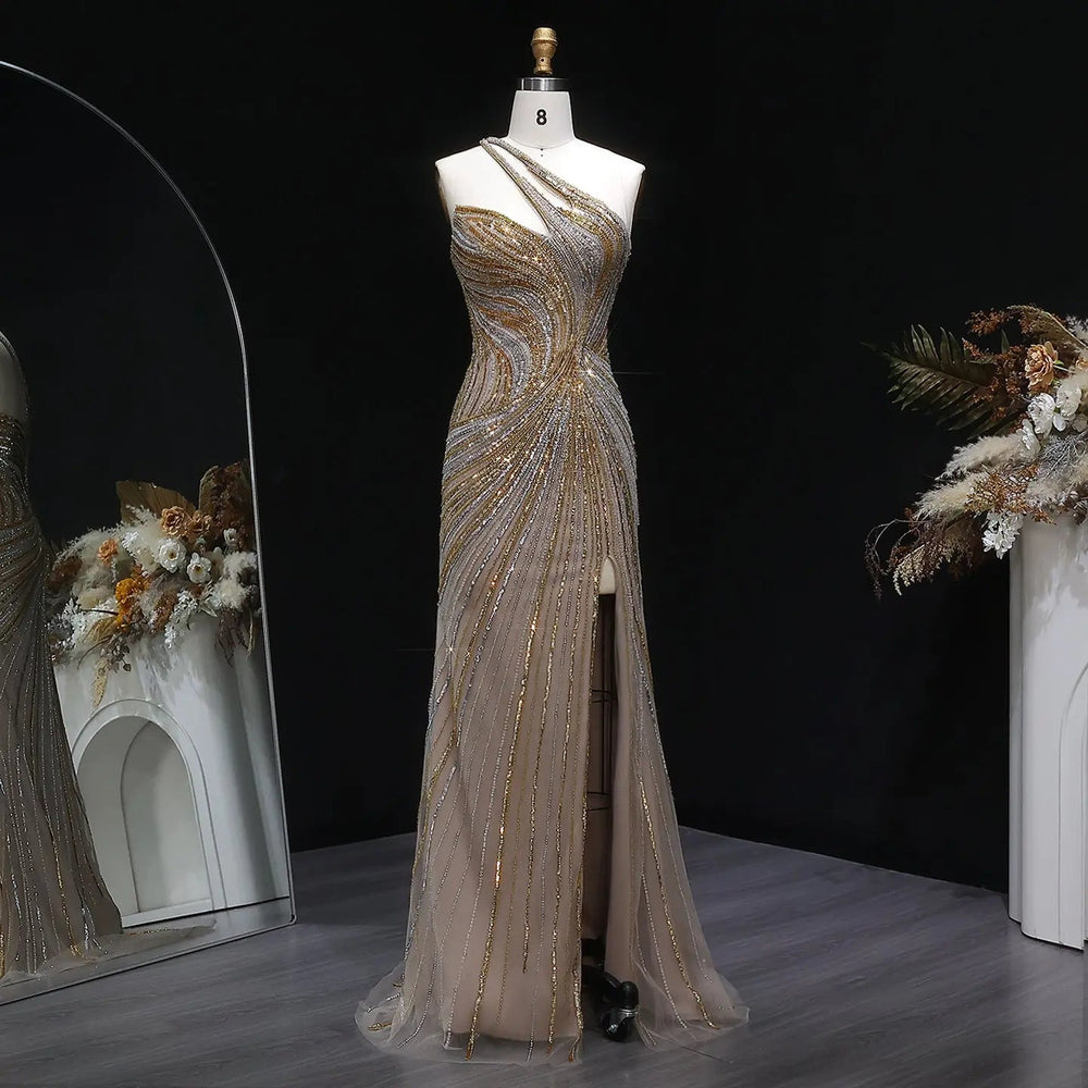 Luxury One Shoulder Beaded Evening Dress with High Slit SS153-DreamyVow