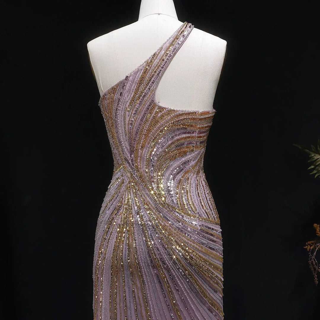 Luxury One Shoulder Beaded Evening Dress with High Slit SS153-DreamyVow