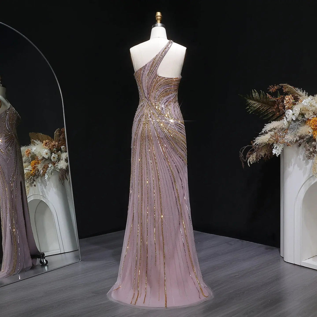 Luxury One Shoulder Beaded Evening Dress with High Slit SS153-DreamyVow
